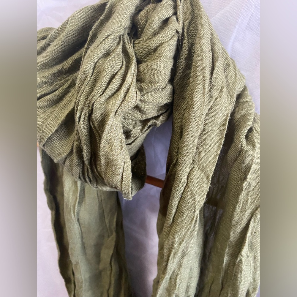 H&M Vintage Olive Green Crinkle Scarf – Boho Fringe Summer Wrap Stole EUC* - Picture 7 of 9